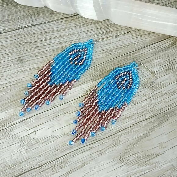 Blue & Pink Beaded Fringe Cascade Dangle Earrings, Seed Bead Jewelry, 4" - Picture 6 of 8